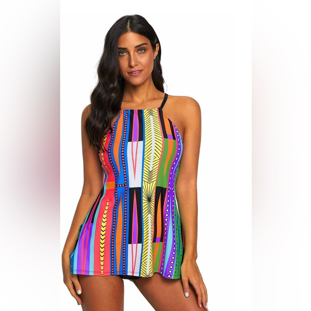 ⛱️VitoRicci Strappy Tankini Multicolor Geometric Print Long Length Side Vents⛱️